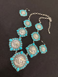 Western Turquoise Coin Necklace Set – Vintage Buffalo Statement Jewelry (Necklace & Earrings)