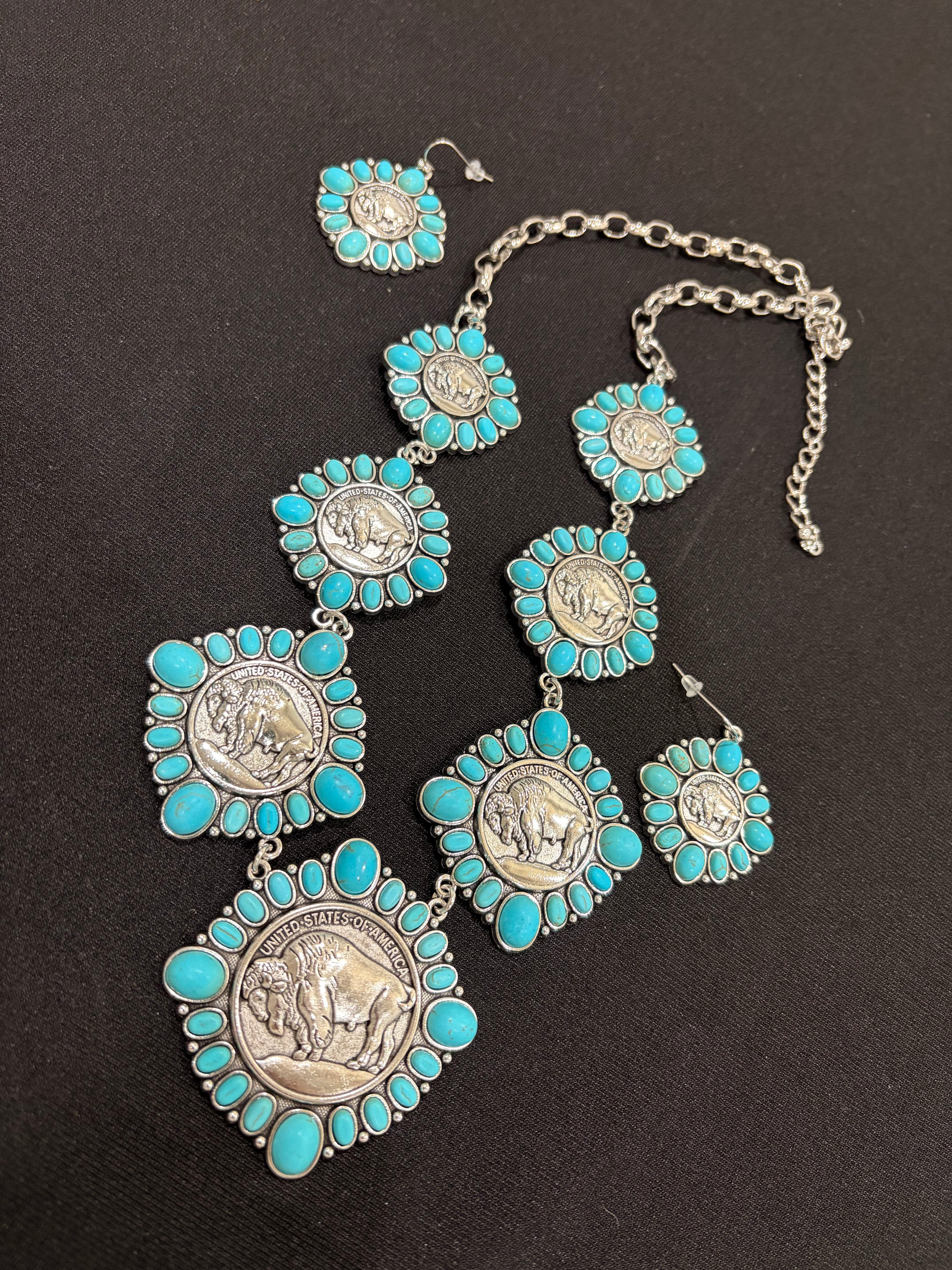 Western Turquoise Coin Necklace Set – Vintage Buffalo Statement Jewelry (Necklace & Earrings)