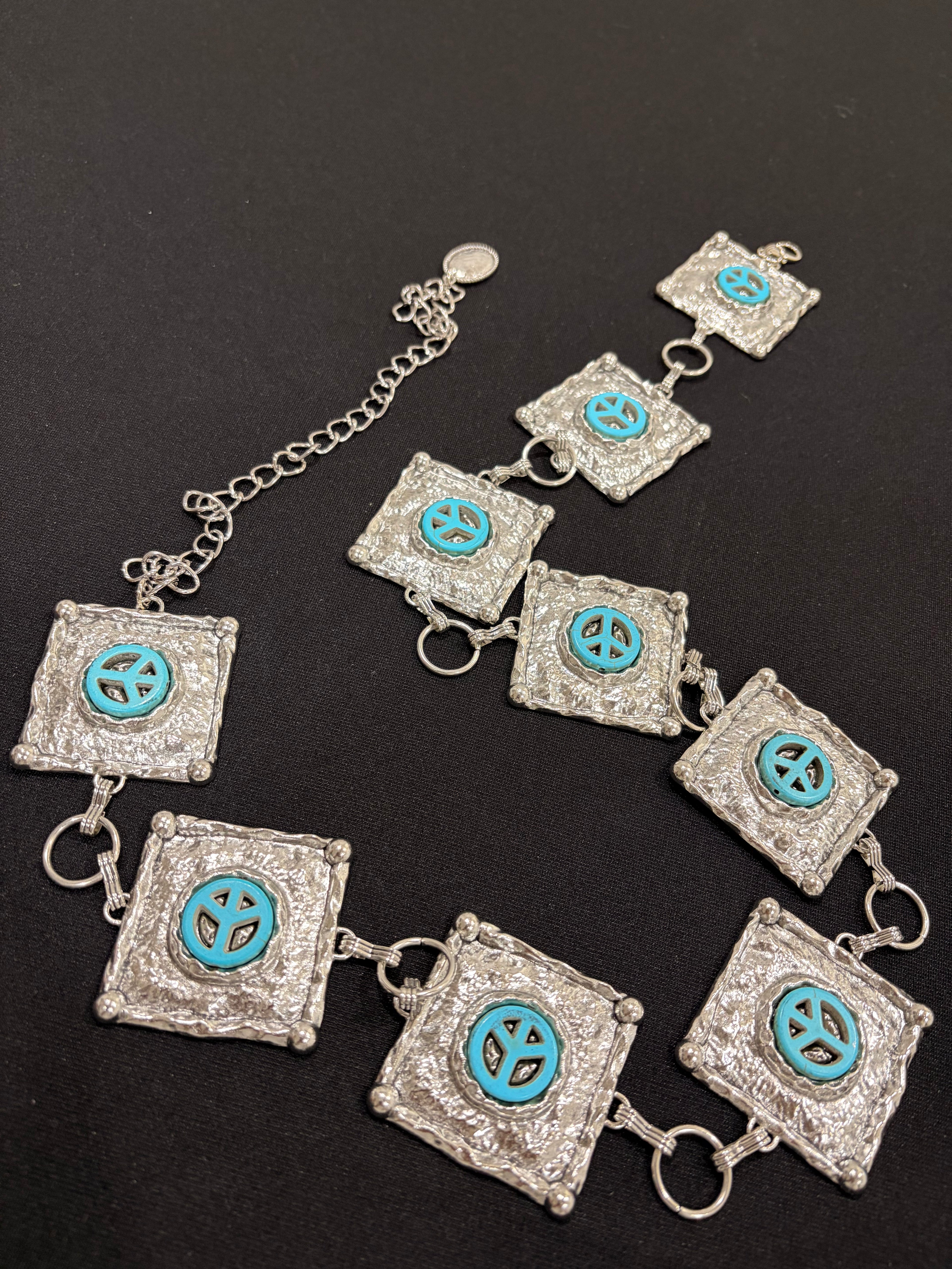 Turquoise Peace Symbol Statement Necklace – Western Boho Square Link Jewelry