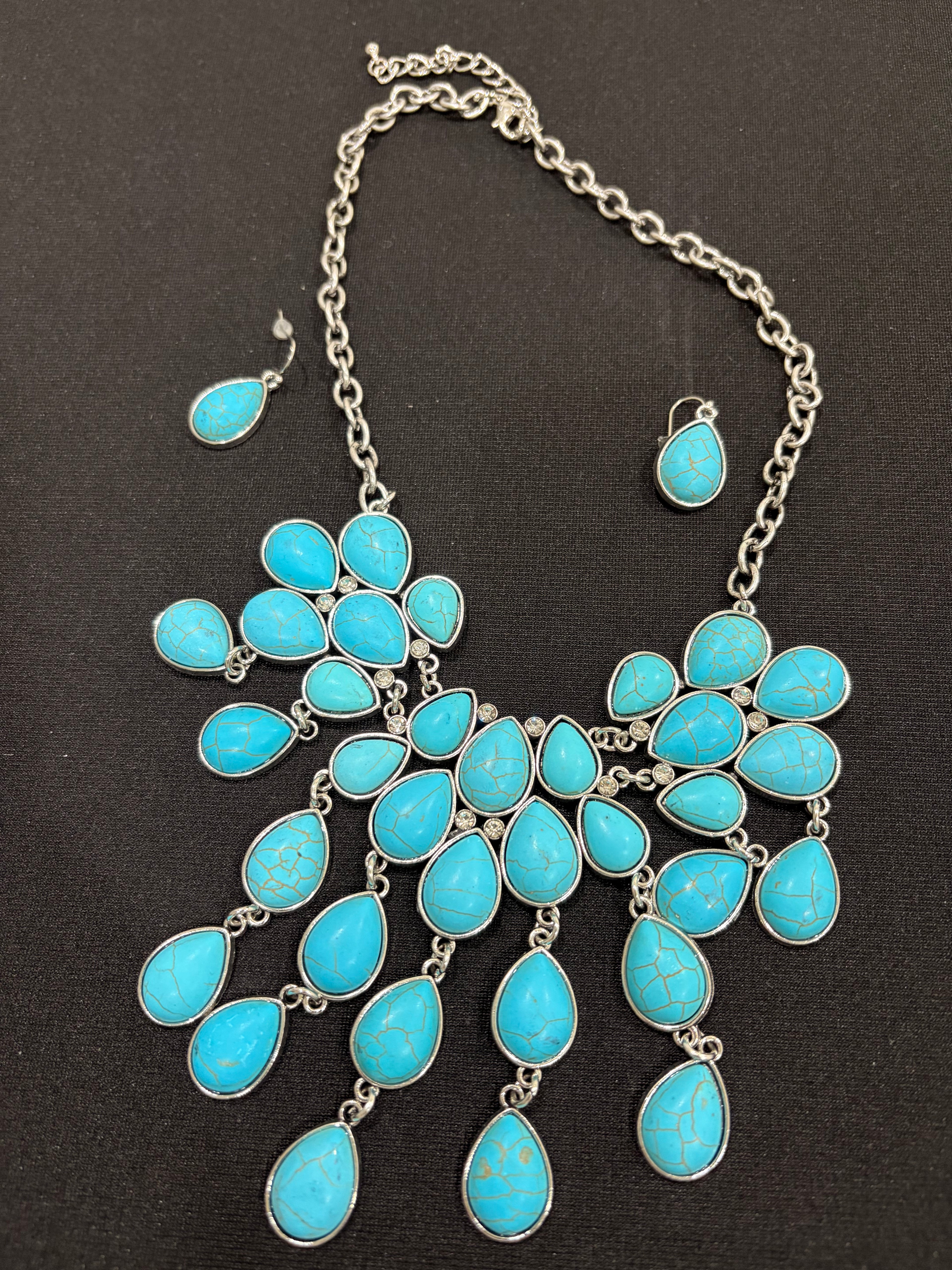 Turquoise Statement Necklace Set – Western Boho Teardrop Jewelry with Earrings