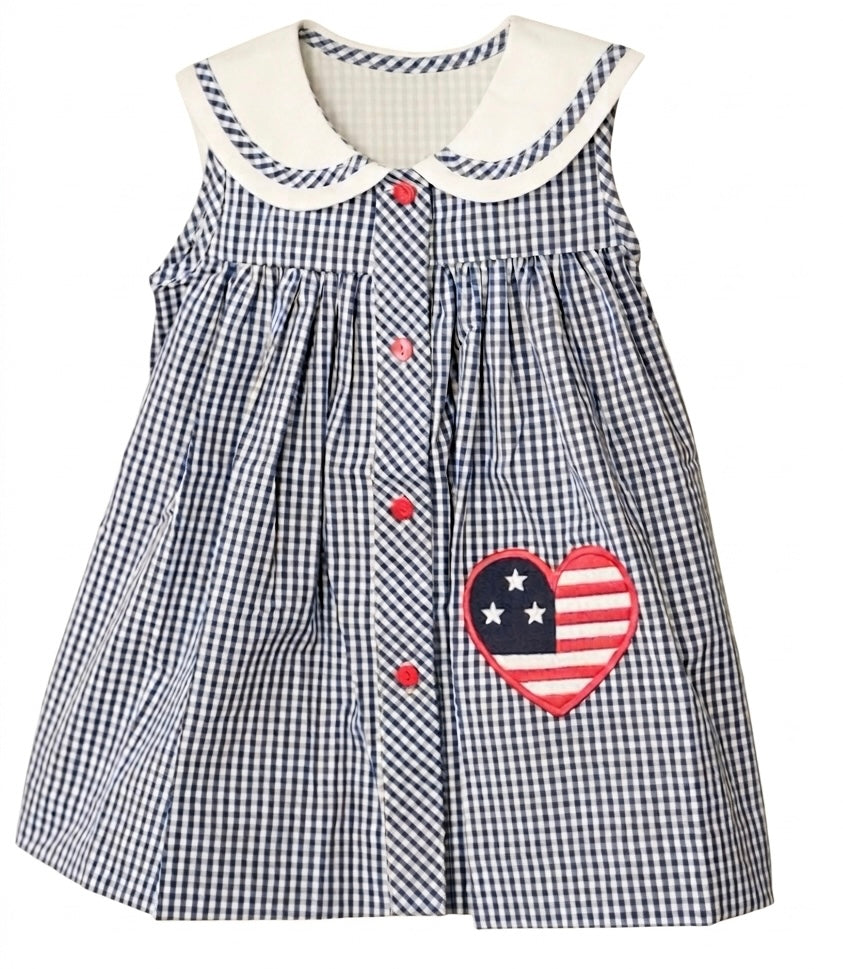 Girls Smocked 4th of July Dress – Gingham Sleeveless Dress with Patriotic Heart