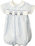 Baby Boy Smocked Elephant Romper – Classic Blue Peter Pan Collar Bubble Outfit