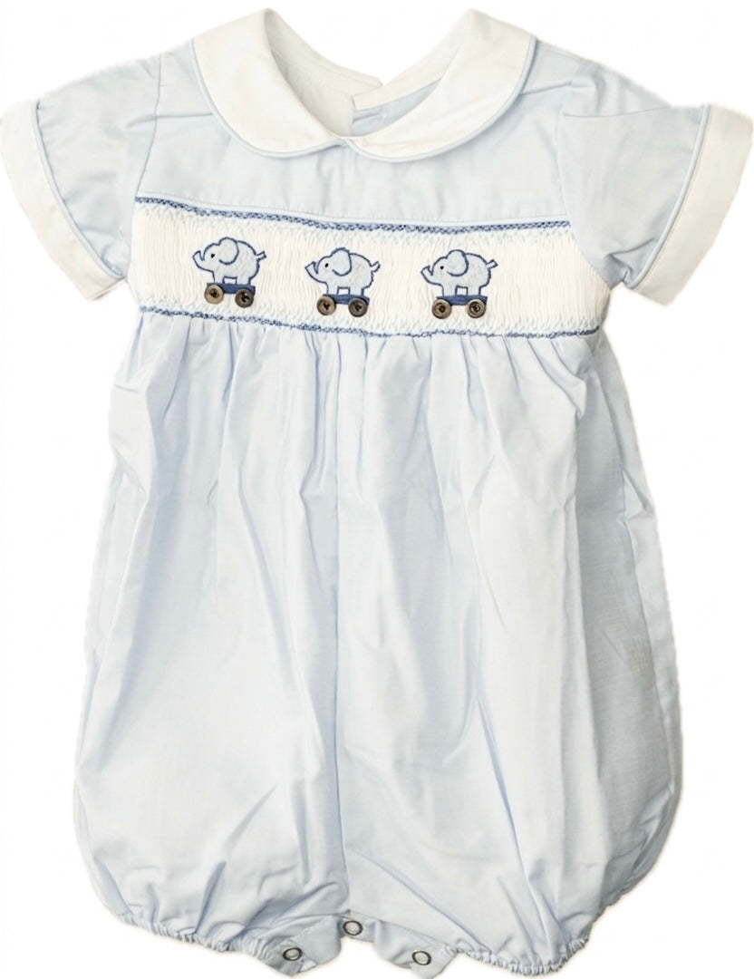 Baby Boy Smocked Elephant Romper – Classic Blue Peter Pan Collar Bubble Outfit